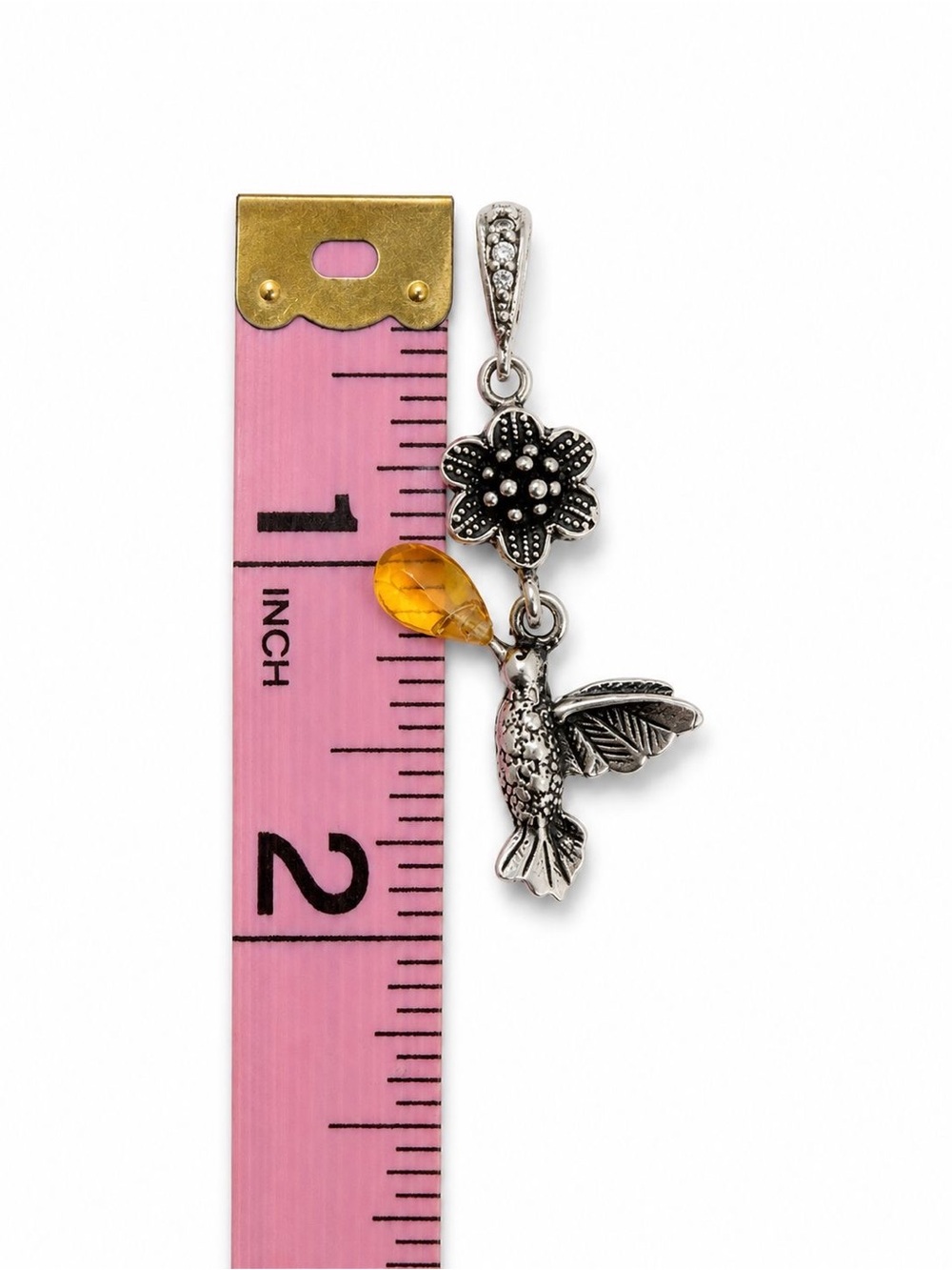 925 Sterling Silver Hummingbird Pendant with Amber Charm - Picture 3 of 3